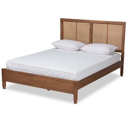 Baxton Studio Redmond Mid-Century Modern Walnut Brown Finished Wood and Synthetic Rattan Full Size Platform Bed